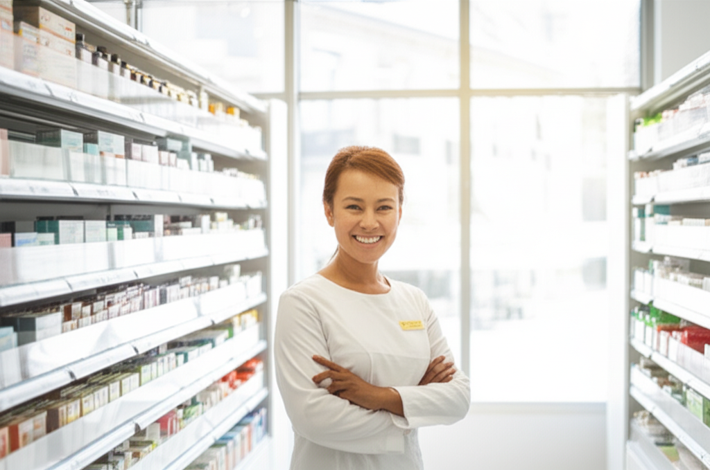 Happy customer receiving prescription service